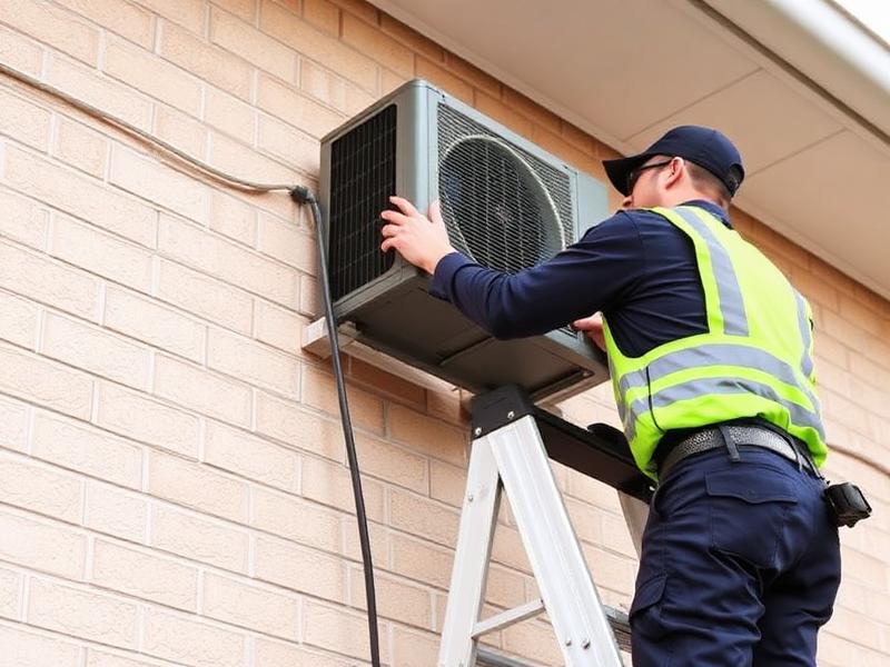 Técnico instalando condensadora na parede externa