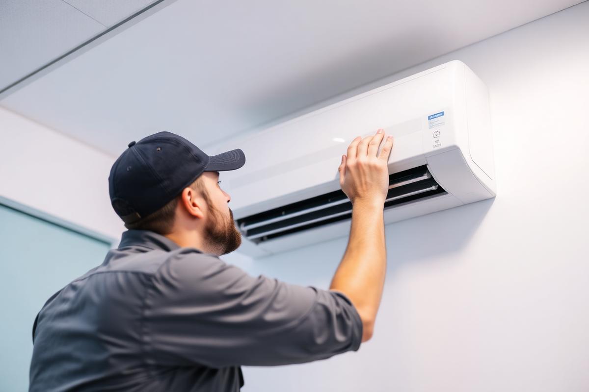 Técnico instalando unidade evaporadora de ar-condicionado split